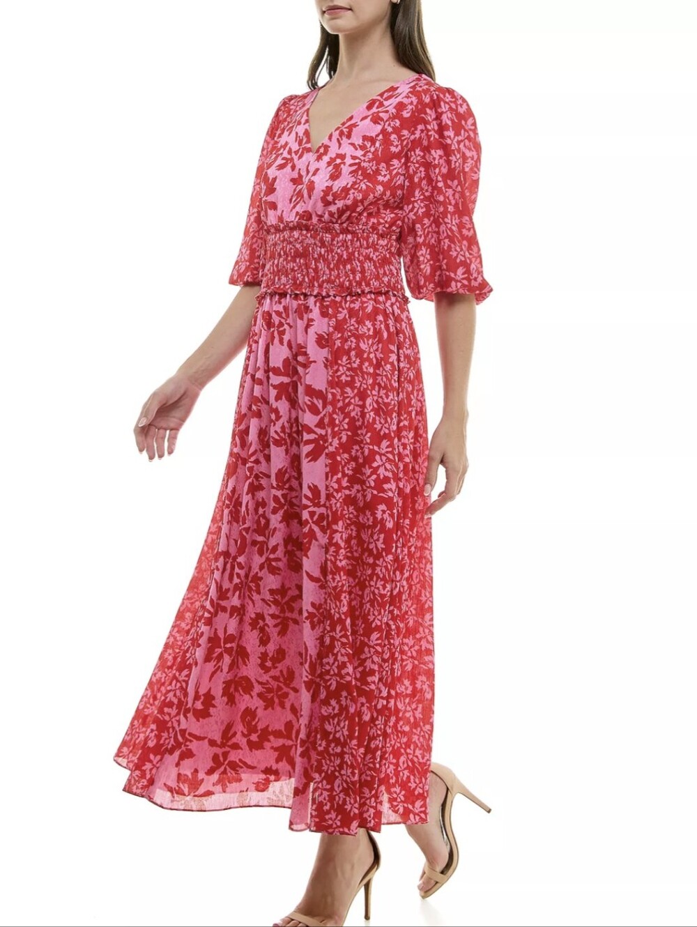 Taylor Smocked-Waist Floral-Print Maxi Dress 16 Candy Pink Red Short Sleeve Macy